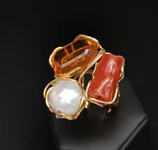 anello donna vero corallo rosso perla bianca  quarzo citrino fascia argento 925