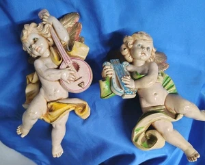 Vintage Pair of Depose Italy Cherub Angel Wall Hanging Decor 7.5 " Harp & String - Picture 1 of 8
