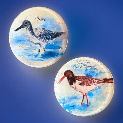 Set Of Wading Birds Willet Oyster Catcher 6” Glass Reverse Print Dessert Plates - Image 1 of 4