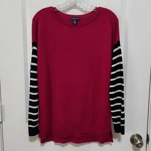 American Living Women M Pink Navy Striped Sleeve Cozy Preppy Soft Hi-low Sweater - Picture 1 of 5