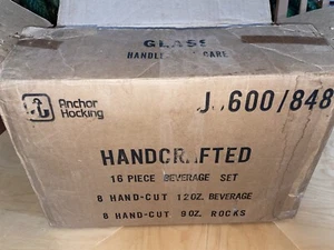 16 Pc Anchor Hocking Beverage Set Hand Cut Glasses in Box NOS 9/12 Oz Rocks Rare - Picture 1 of 16