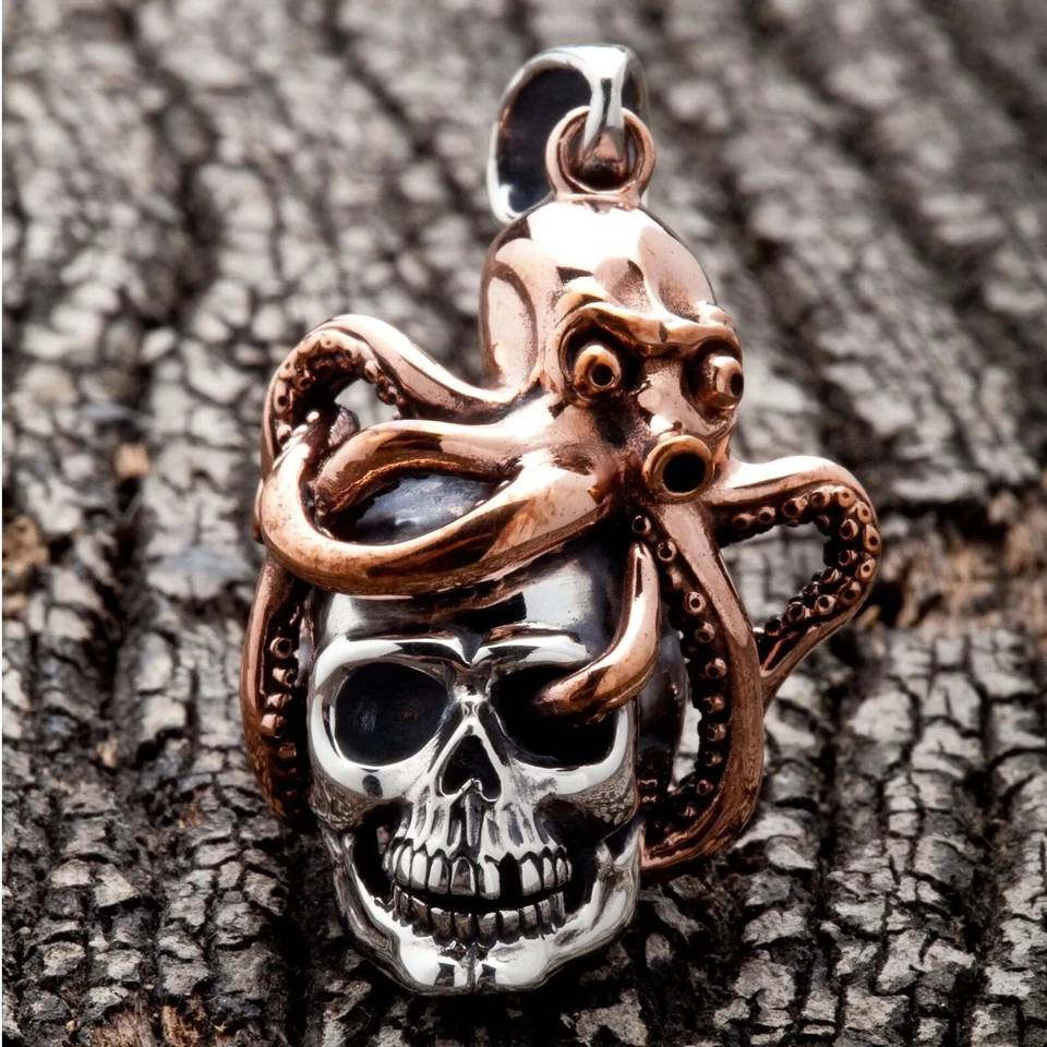 Sterling 925 Silver Skull Copper Octopus Pendant Gothic Biker Devil - Image 1 of 4