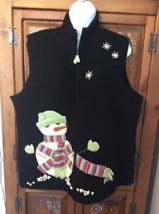 COLDWATER CREEK Muñeco de Nieve de Lana y Copos de Nieve Chaleco Negro Mitón Cremallera Tirar Talla XL - Imagen 1 de 9