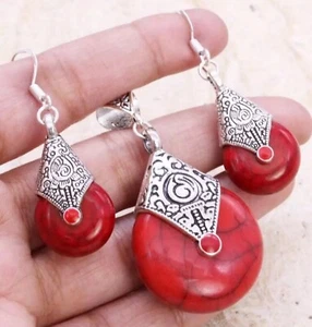 NATUR ROT TÜRKIS 925 STERLING SILBER ANHÄNGER OHRRINGE SET ANTIK HANDARBEIT - Bild 1 von 3
