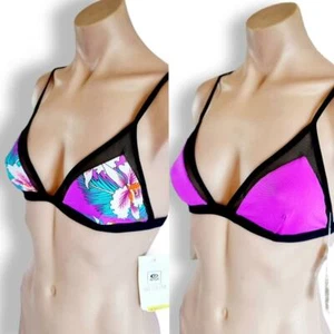 Rip Curl, reversible, triangle bikini top. Pink, white, bright purple + blue - Picture 1 of 4