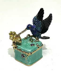 Vintage Metal Enamel Crystal Hummingbird Miniature Trinket Box Signed/Hallmark - Picture 1 of 5