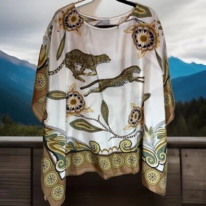 Chico’s NWT L/XL 100% Silk Cheetahs Square Boho Blouse $149 RTL Beautiful Breezy - Picture 1 of 10
