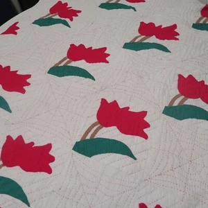 Vintage 1969 Red Rose Applique Bound Quilt Top Coverlet 84”x 72" Hand Made USA - Picture 1 of 7