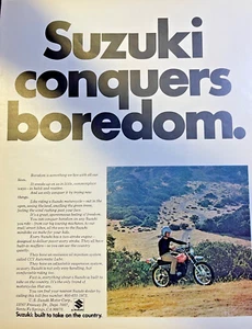 Anuncio de revista 1972 Suzuki Motorcycles Conquer Boredom - Imagen 1 de 2
