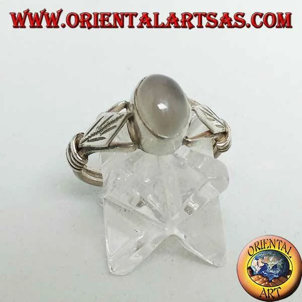 Anello in Argento 925‰ pietra di luna ovale e foglia romboidale con dischetti - Immagine 1 di 1