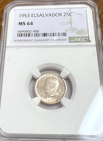 1953 (S) El Salvador 25 Centavos, KM#137, NGC MS-64 Cover