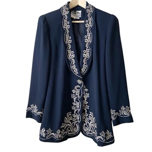 Chaqueta de vestir larga vintage BEAU MARC azul marino cuentas y bordado talla 18 HERMOSA - Imagen 1 de 7