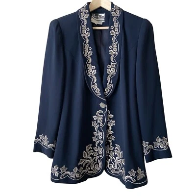 Chaqueta de vestir larga vintage BEAU MARC azul marino cuentas y bordado talla 18 HERMOSA Foto 1 de 4