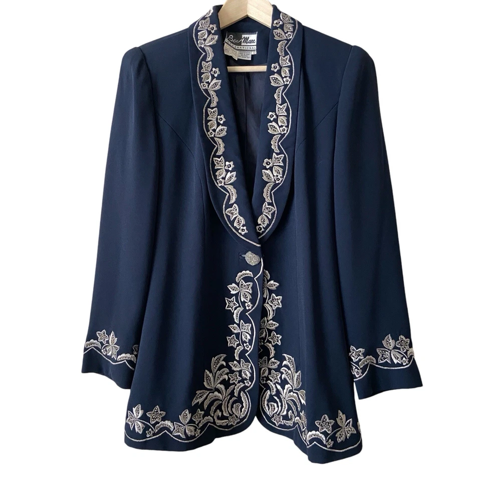 Vintage BEAU MARC Long Navy Dress Jacket Beads & Embroidery Sz 18 BEAUTIFUL - Image 1 of 4