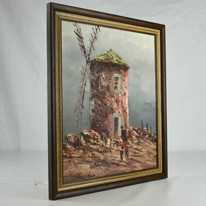 Dramatic Sky behind Windmill with European Landscape Belgium Dutch Oil Painting - Picture 1 of 12