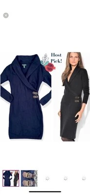 Ralph Lauren Women Long-Sleeve Buckle Leather Wrap Sweater Dress Navy Cotton XL - Image 1 of 4