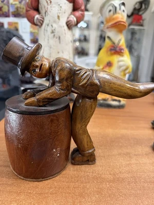 Vintage Tobacco Jar Wood with Lid Top Hat bug Opens - Image 1 of 4