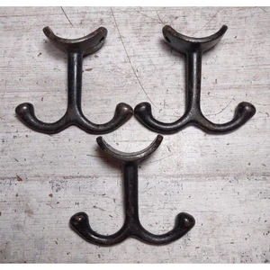 Lot of 3 Vintage Cast Iron Double Hook Wall Coat Hat Hangers Black Paint Rusty - Picture 1 of 7