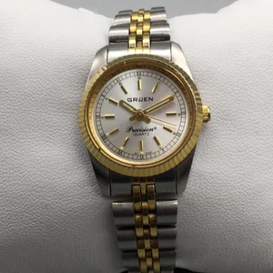 Gruen Precision Damenuhr 25 mm bicolor geriffelte Lünette neue Batterie 6" - Bild 1 von 13