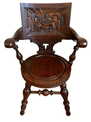 Antigua silla de pub taberna roble tigre tallada alemana George Arndt años 1800 Foto 1 de 4
