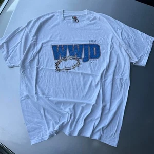 White "What Would Jesus Do" Jesus tee with a classic 90s vibe - Picture 1 of 6