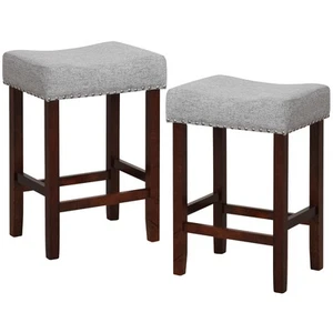 Set of 2 Counter Height Saddle Kitchen Chairs Bar Stools w/ Wooden Legs Gray - Picture 1 of 6
