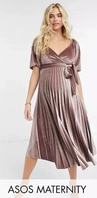 ASOS Design Maternity Woman's Sz 8 Velvet Midi Dusty Pink Pleated Dress NWOT - Image 1 of 4
