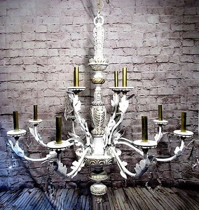 Vintage Chandelier Grand White And Gold 12 Light Fixture Crystals Large Pendant - Picture 1 of 12