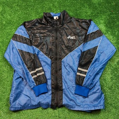 Chaqueta cortavientos vintage Asics adulto M azul y negra cremallera completa ligera años 90 * Foto 1 de 4