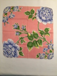 Vintage Pink Print Handkerchief Hanky Blue Flowers Green Leaves & Stems - Picture 1 of 7