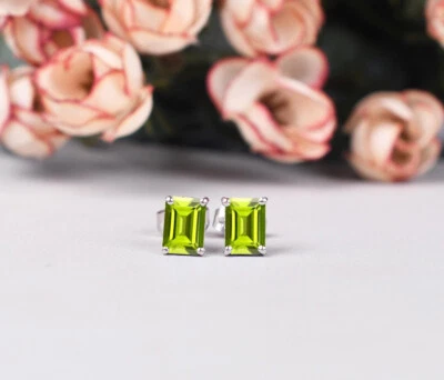 Natural Peridot Octagon Stone 925 Sterling Silver Women Designer Stud Earrings - Image 1 of 4