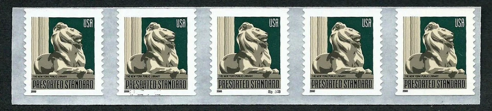 USA, SCOTT # 3447, STRIP OF 5 PNC #S33333 NEW YORK PUBLIC LIBRARY LION PRESORTED - Image 1 of 1