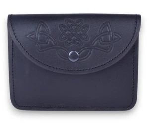 Men's Scottish Black Leather Kilt Belt Pouch Celtic Embossed 100% Leather Pouch - Picture 1 of 3