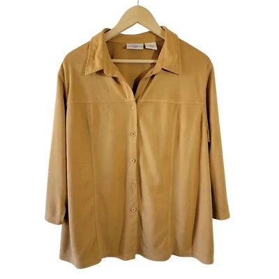 Kathy Ireland Plus Tan Suede Button-Up Shirt Sz M 3/4 Sleeve Academia Minimalist - Image 1 of 4
