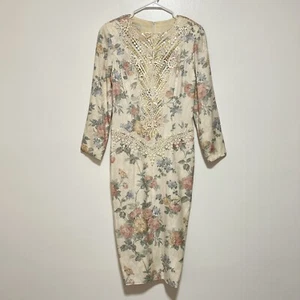VTG 80’s Jessica McClintock Size 8 Ivory Floral Garden Long Sleeve Beads Dress - Picture 1 of 12