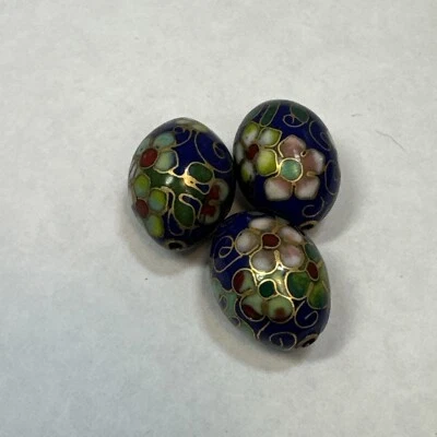 Vintage Large Cloisonne Bead Oval 20mm Flowers Blue Pedals Gold - Image 1 of 4