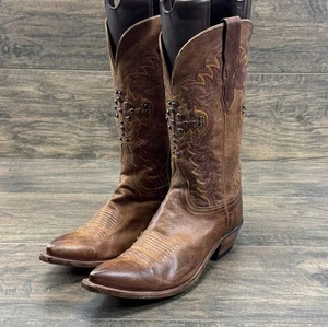 Lucchese 1883 Boots Womens 9 B Brown Leather Snip Toe Studded Cowgirl Western - Picture 1 of 14