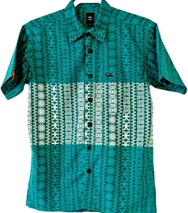 Tanoa Samoa Kurzarm Blau Grün Tribal Polynesian Hawaii Tiki Hemd Herren S - Bild 1 von 13