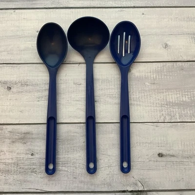 Tupperware Set Of 3 Serving Spoons Solid Ladle Slotted Blue Vintage Utensils  - Image 1 of 4