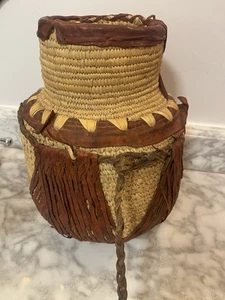 Vintage African Sudanese Water Vessel Basket Woven Leather - Picture 1 of 11