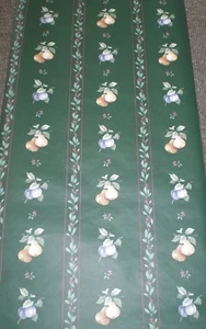 Vintage Plums, Pears & Red Berries on Vines with Red Stripe on Dark Green 20105 - Picture 1 of 9