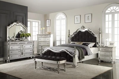5 Piece Traditional King Size Bedroom Set Black and Silver Finish - Image 1 of 4