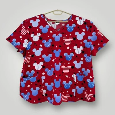 Disney Scrub Top Mickey Mouse All Over Print Womens 3X Patriotic Flag Stars - Image 1 of 4