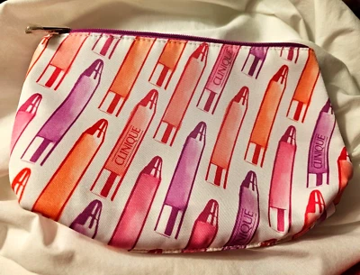 BOLSA BOLSA MAQUILLAJE/TOCADOR Clinique, Rosa, Blanco, Naranja, Púrpura Cierre con Cremallera Nueva Foto 1 de 4