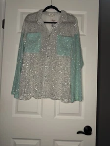Pol Button Up Sequins Blouse Large Silver Blue Sleeves Pockets Nwt 62 - Picture 1 of 2