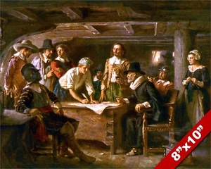 THE MAYFLOWER COMPACT PILGRIMS US HISTORY OIL PAINTING ART PRINT ON REAL CANVAS - Picture 1 of 6