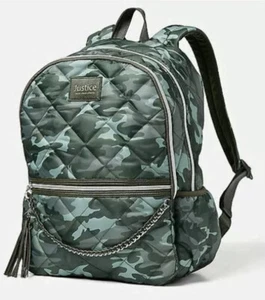 Justice Girls Quilted Camo Backpack SchoolBag ChainTassel Adjustable Straps16 ๐ - Picture 1 of 7