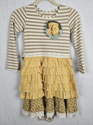 Mustard Pie Girl's Sz 7 Dress Mixed Print Lace Ruffles 3D Flower Apron Cotton - Image 1 of 4