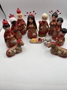Vintage Mexican Tonala Pottery Folk Art Christmas 13pc Nativity Set 6” Figurines - Picture 1 of 7