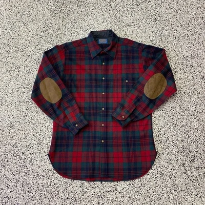 Vtg Pendleton Wool Flannel Button Up Shirt Leather Elbow Patches Mens L Red - Image 1 of 4